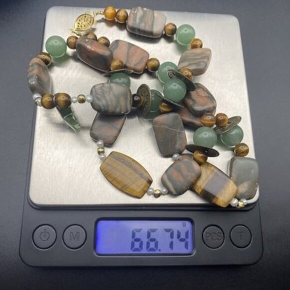 Rainforest Jasper Aventurine Tiger Eye Bead Necklace 22" Elephant Coin 66g Boho - Picture 10 of 10